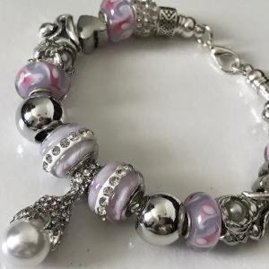 European Style Snake Chain Silver Plated Bracelet with Beads, Lobster Clasp,7.5"